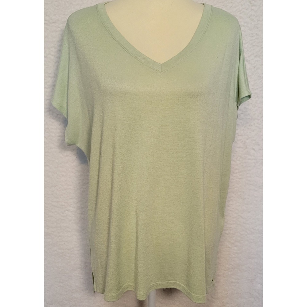 Orvis Short‎ Sleeve Sweater Lime Green Size L Womens V-Neck Pullover 1299